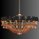 Side angle of Donatello Imperiale Murano-style amber glass chandelier with gold frame and black shades for luxury interiors.