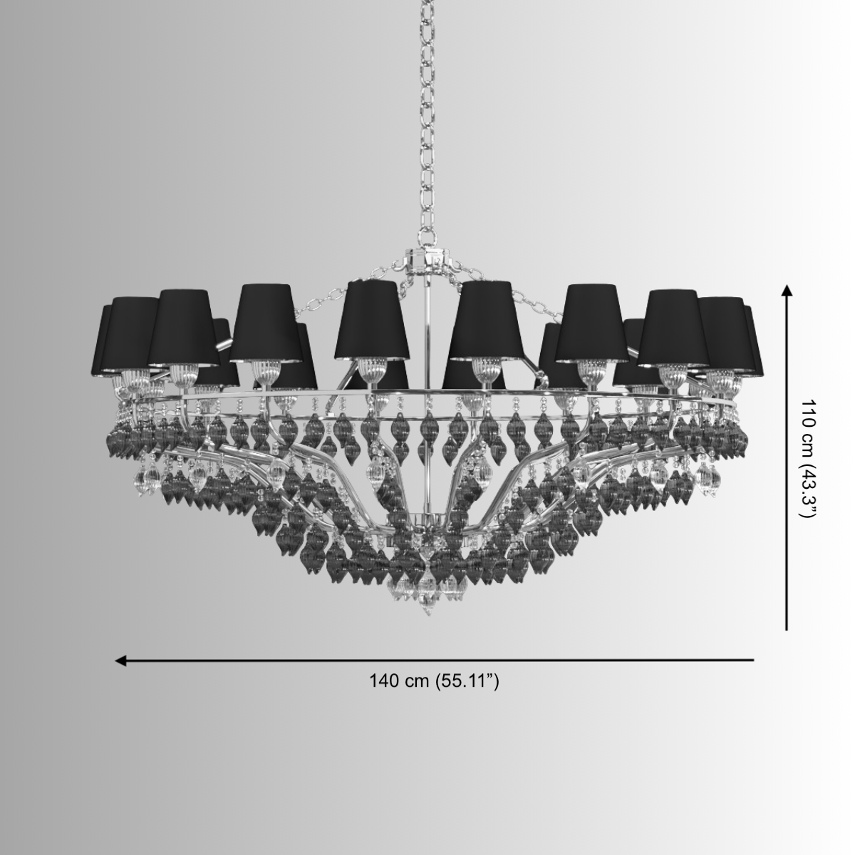 Technical drawing of the Donatello Imperiale chandelier showing diameter, height and structural layout for installation.