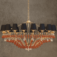 Donatello Imperiale Murano-style chandelier with 18 light  amber glass drops, black shades and gold-plated copper frame.