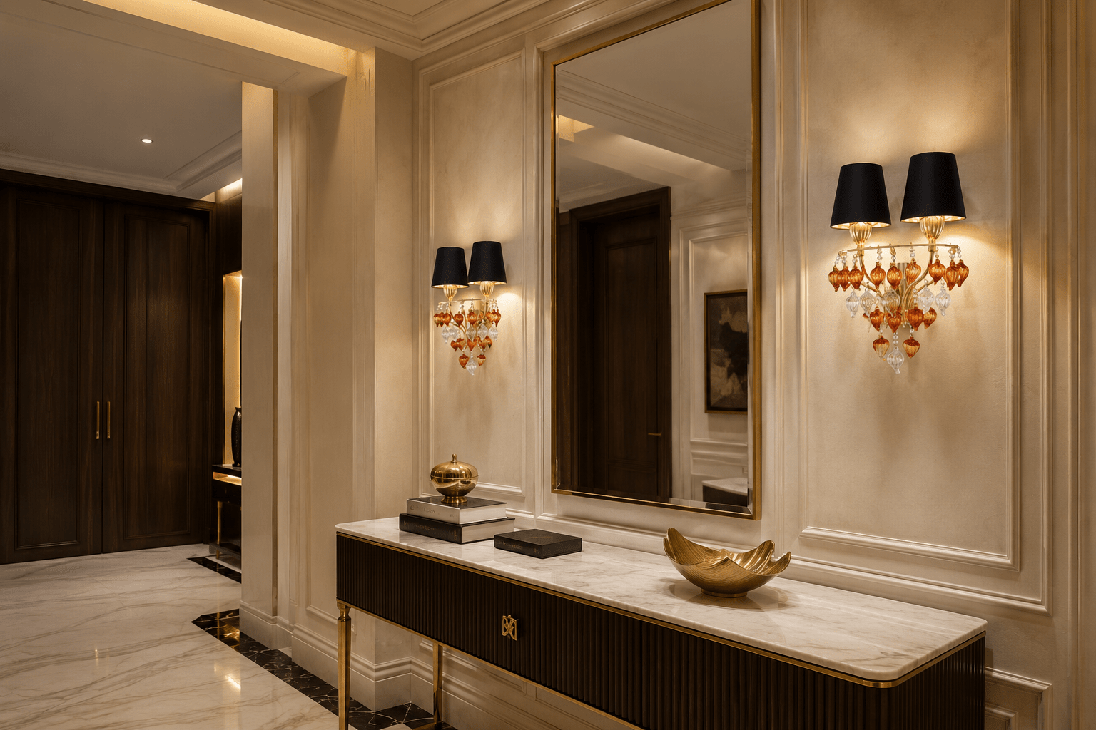 Donatello Regal Glow wall lamps installed in a luxury hallway with marble, dark wood and gold accents