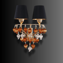 Donatello Regal Glow two-light wall lamp with black shades, gold frame and amber and clear glass drops