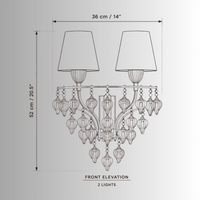 CAD drawing of Donatello Regal Glow wall lamp, 36 cm wide and 52 cm high with two lights