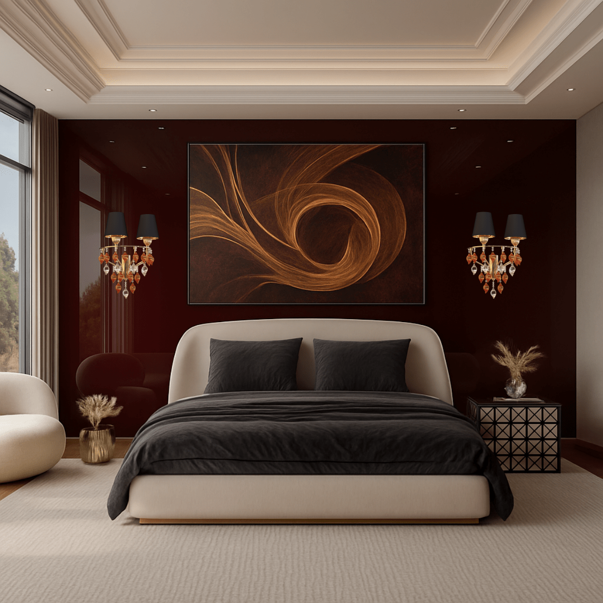 Donatello Regal Glow gold wall sconce installed in a luxury bedroom, adding warm Murano-style illumination.