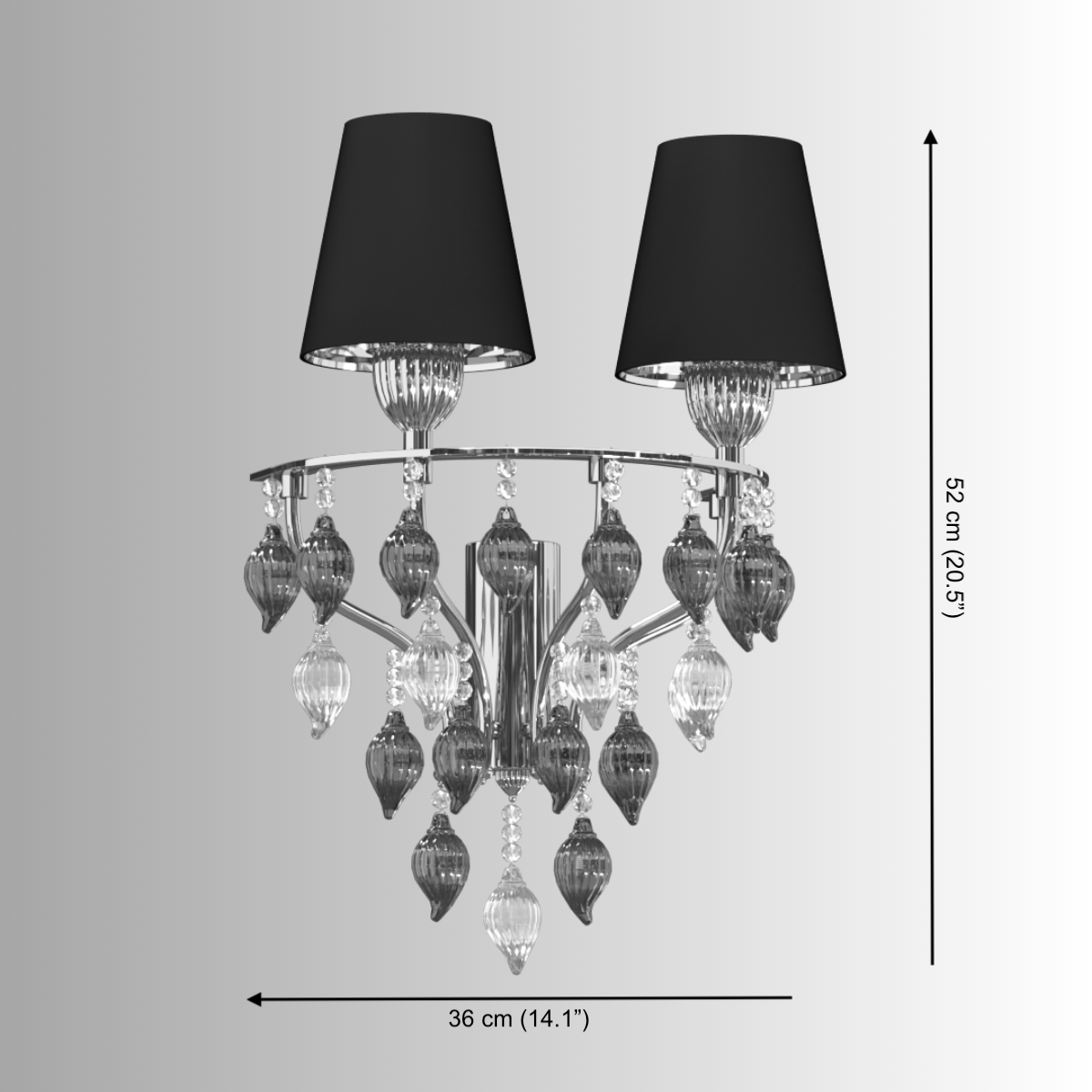 Technical dimension diagram of Donatello Regal Glow wall lamp showing width, height, arm placement.