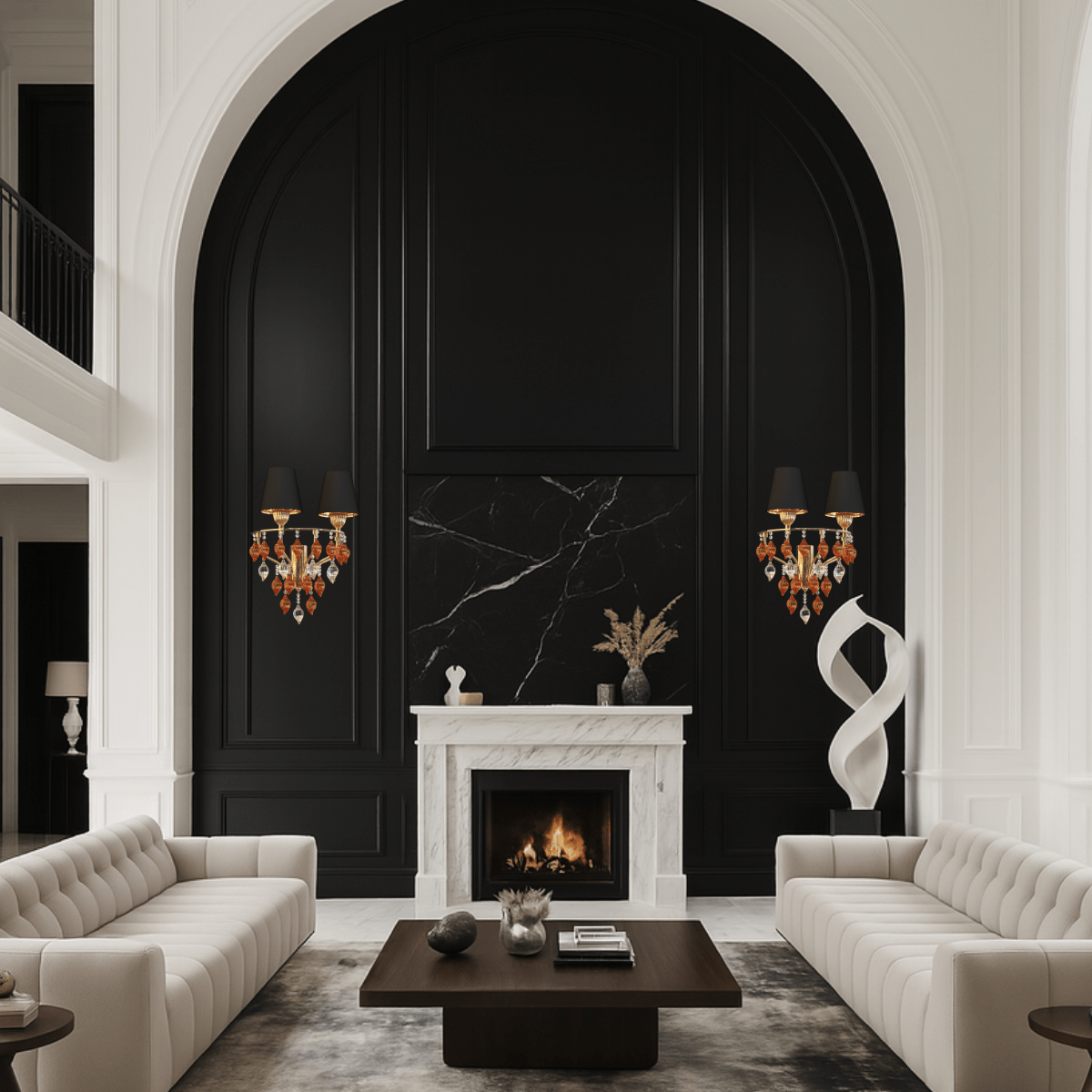 Murano-style Donatello Regal Glow wall lamps illuminating an upscale living room with black paneling, gold accents.