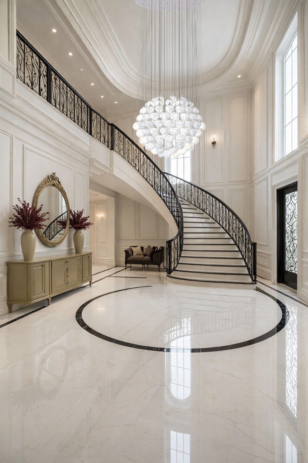 Luxury double-height foyer with curved staircase and suspended glass sphere chandelier designed for grand stairwell installations in USA homes.