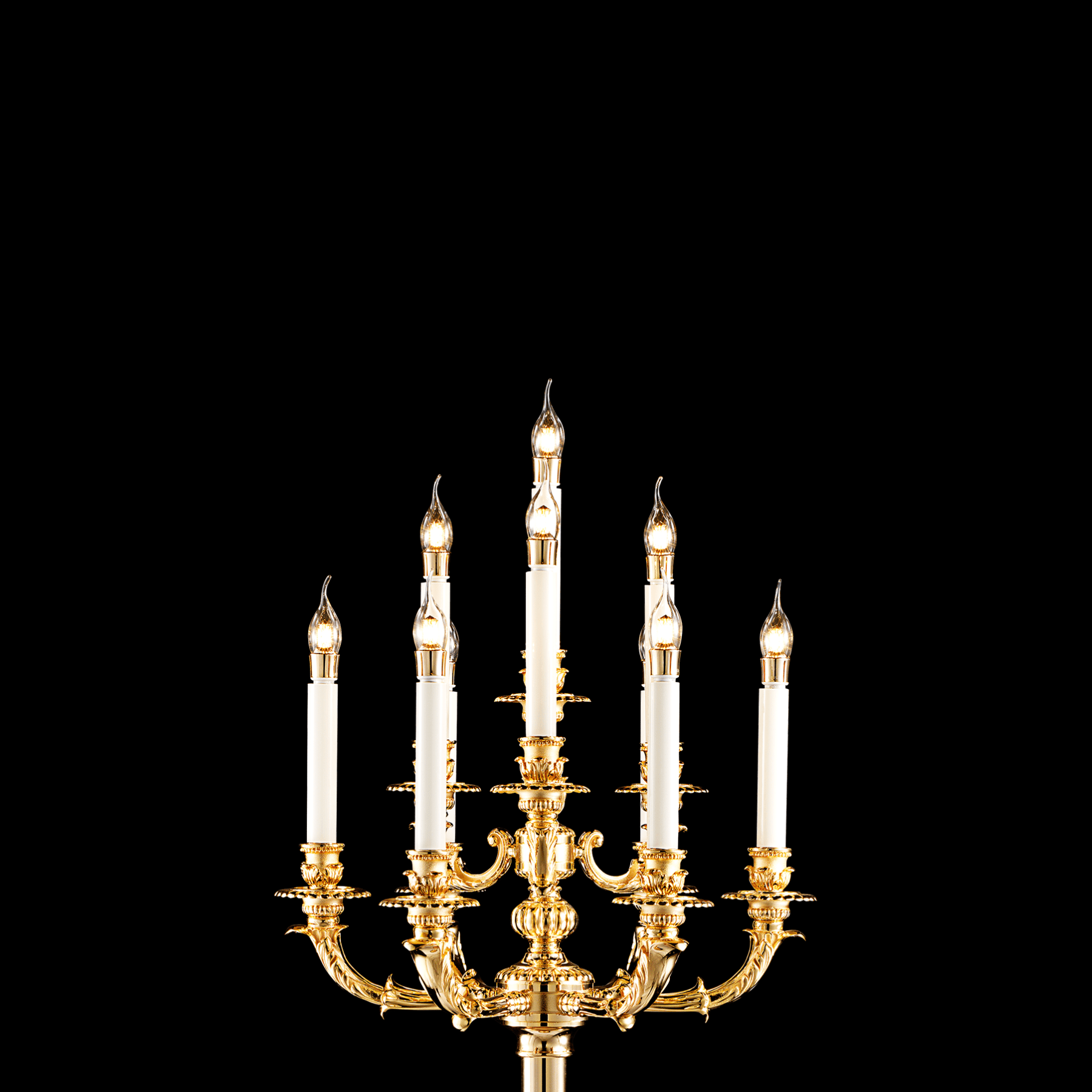 Detailed view of seven-arm French Empire candélabre in polished 24K gold-plated copper