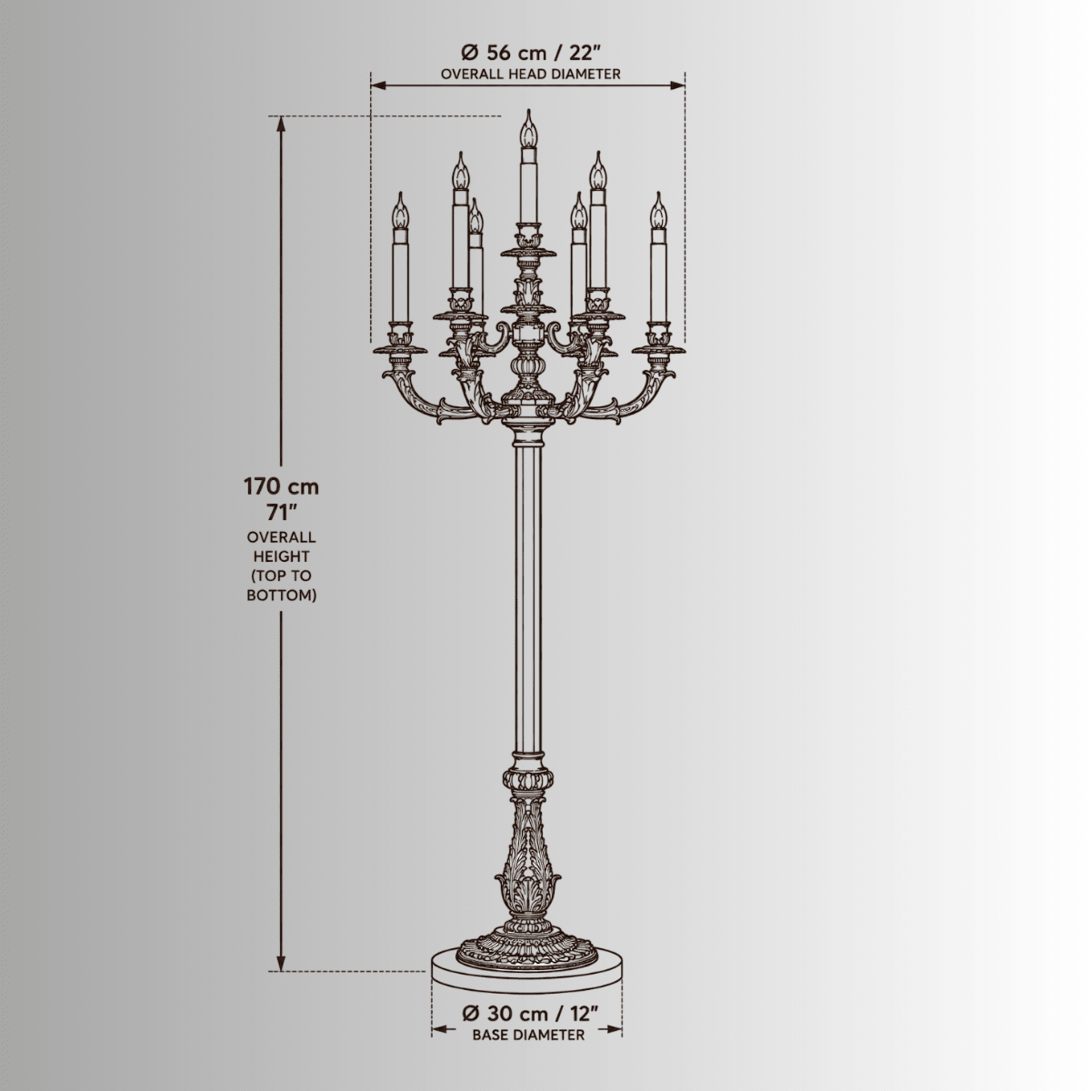 Élysée Candélabre Majestique luxury floor lamp CAD drawing with 170 cm height, 56 cm head and 30 cm base dimensions