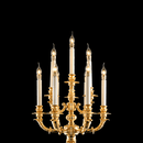 Close-up of multi-arm French Empire candélabre showing candle-style lights and gold finish