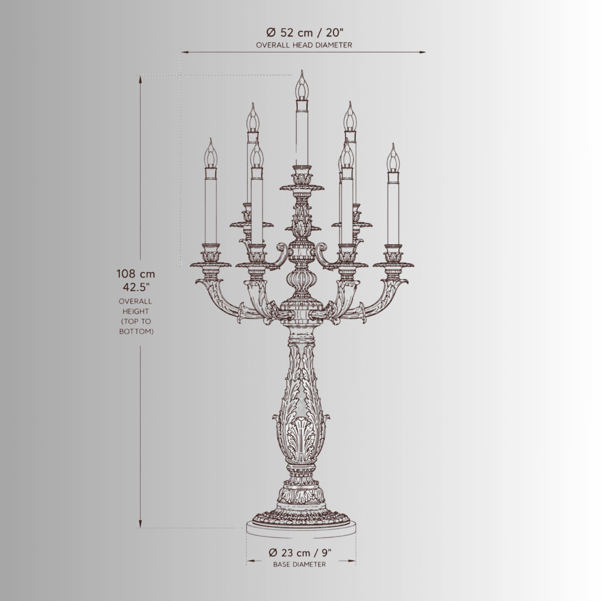 Élysée Candélabre Régence luxury table lamp CAD drawing with dimensions, 24K gold-plated classical candelabra design