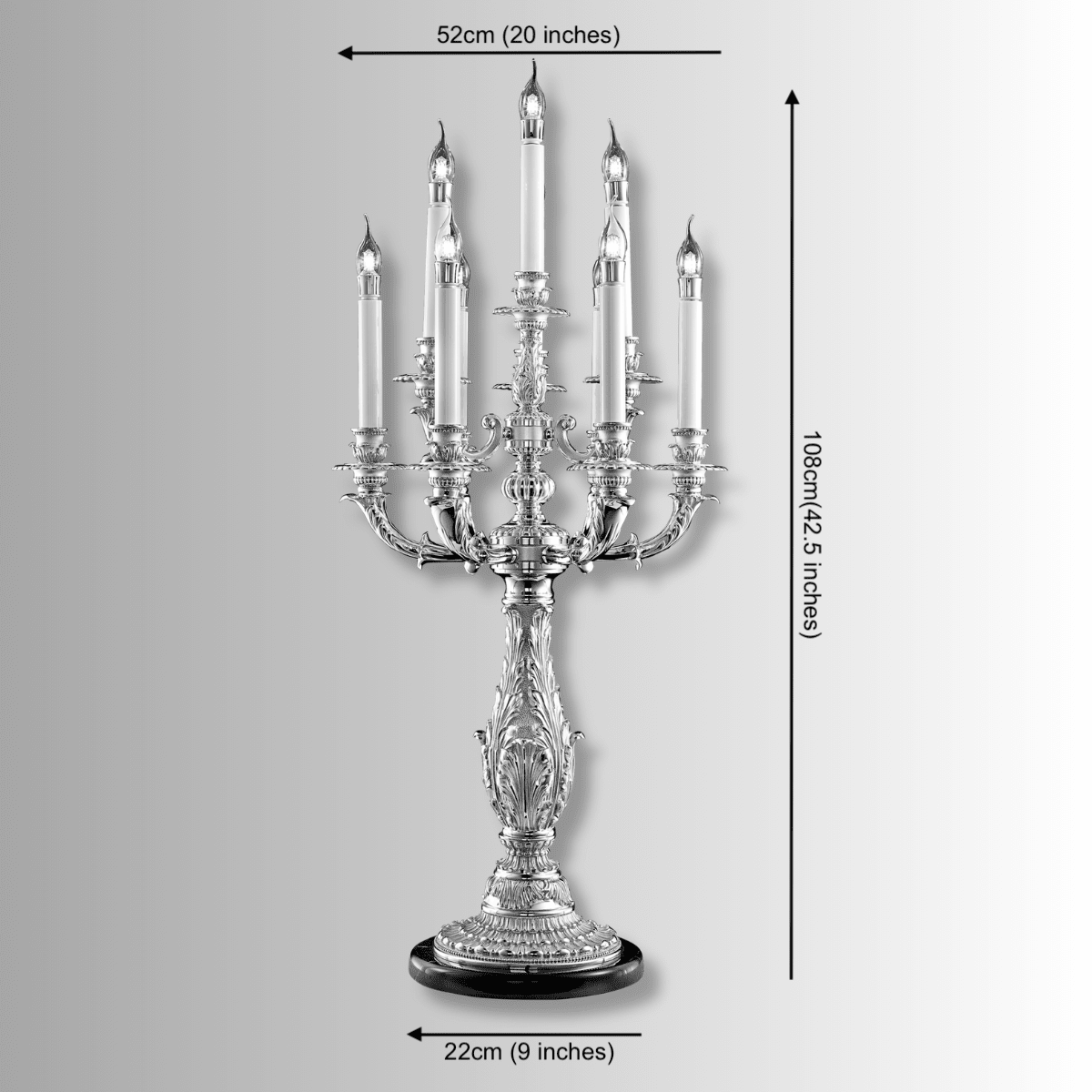 French Empire candélabre table lamp dimensions showing 82 cm height and 52 cm width