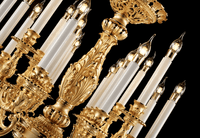 close-up of 24K gold plated chandelier arms and candle lights showing detailed French Empire craftsmanship