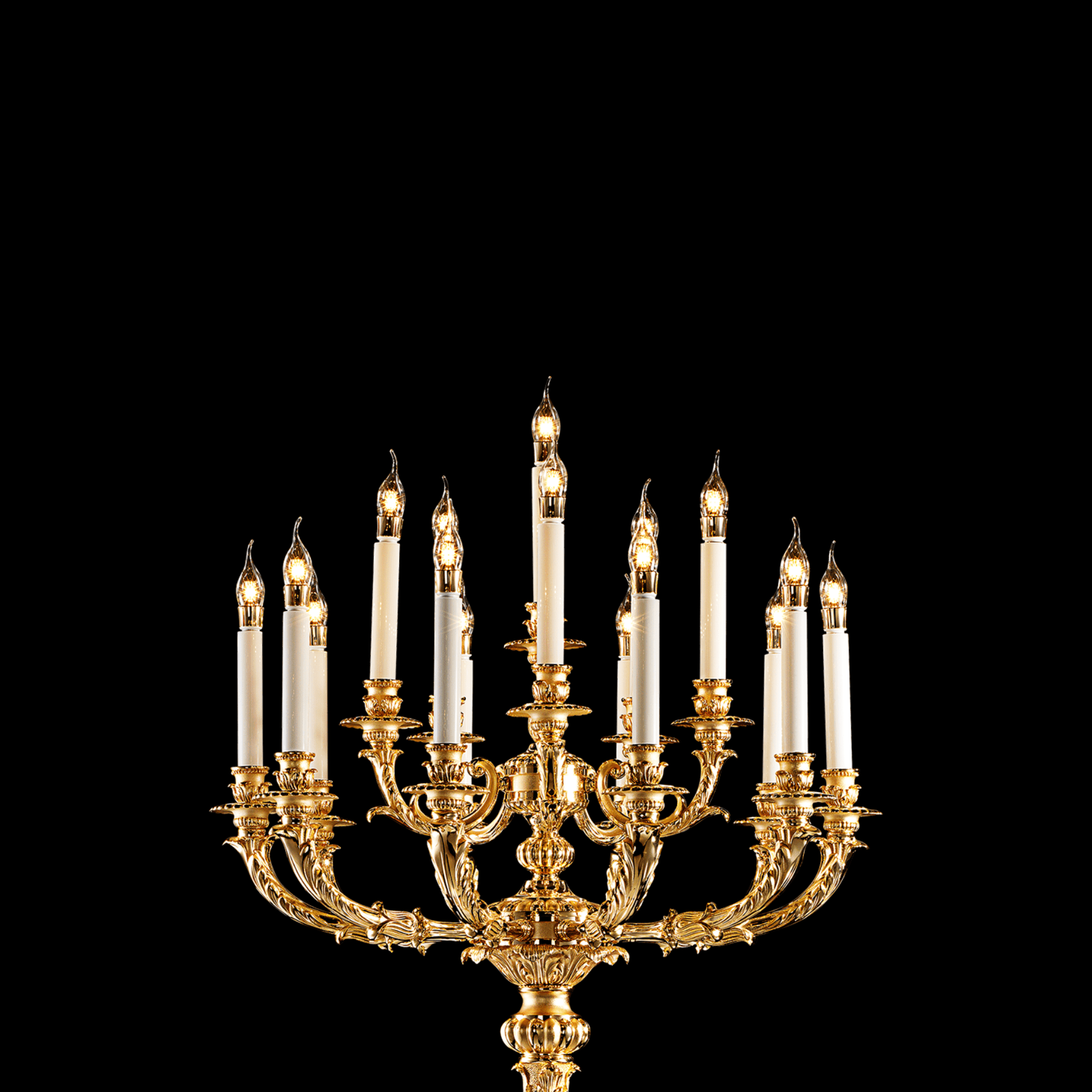 Close-up of ornate French Empire candle arms in 24K gold-plated copper with 16-light configuration