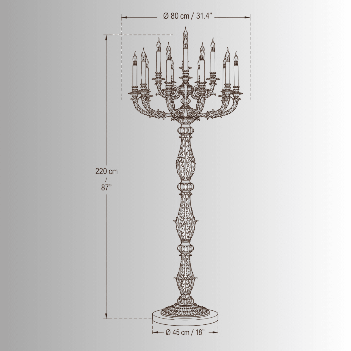 Élysée Grand Candélabre Royale luxury floor lamp CAD drawing with dimensions, 24K gold-plated classical lighting design
