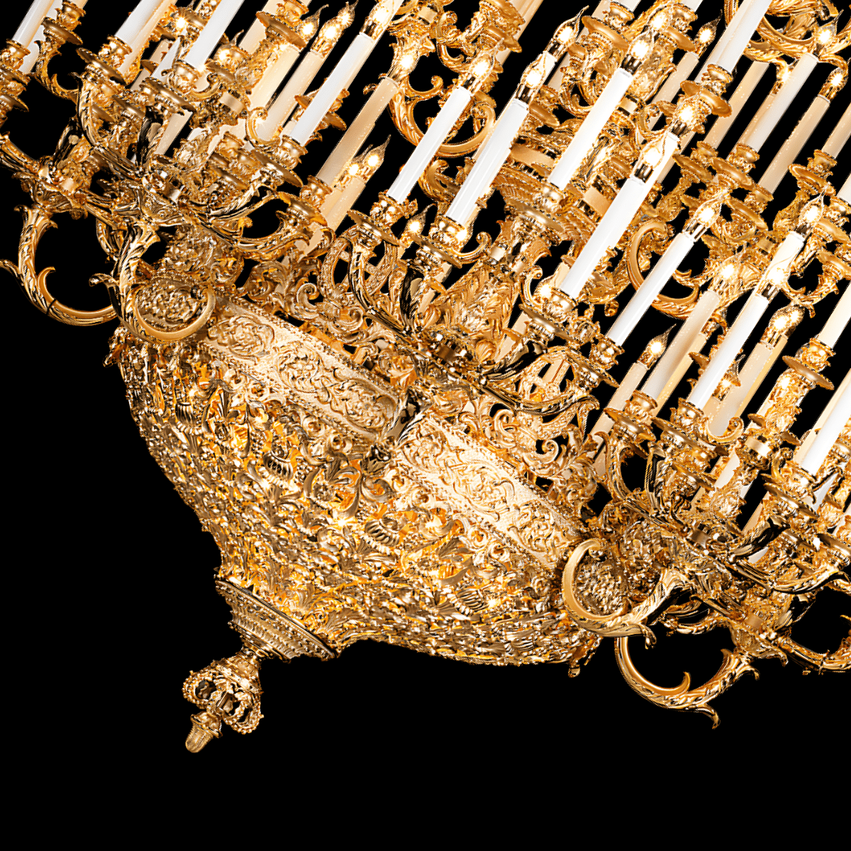 Detailed view of sculpted central body in 24K gold-plated French Empire chandelier craftsmanship.