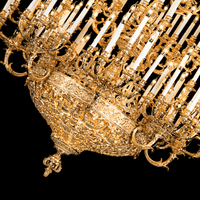 Detailed view of sculpted central body in 24K gold-plated French Empire chandelier craftsmanship.