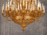 Close-up of Élysée Grand Impériale luxury gold chandelier with handcrafted ornate details and candle lights