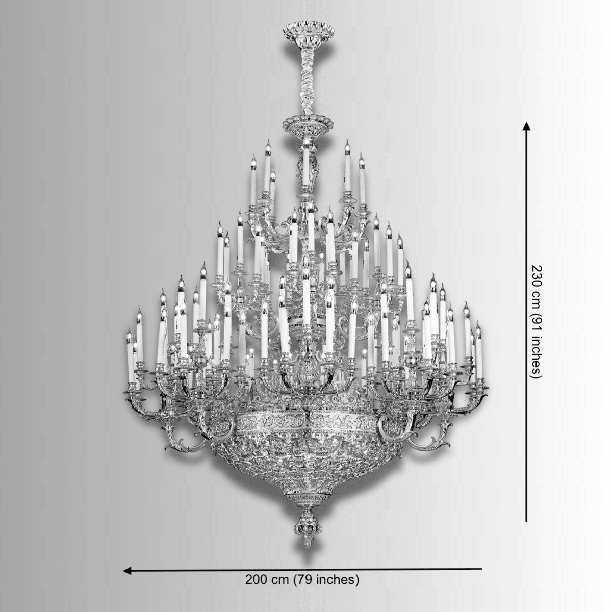 Dimension diagram showing 200cm diameter and 230cm height of grand French Empire chandelier.