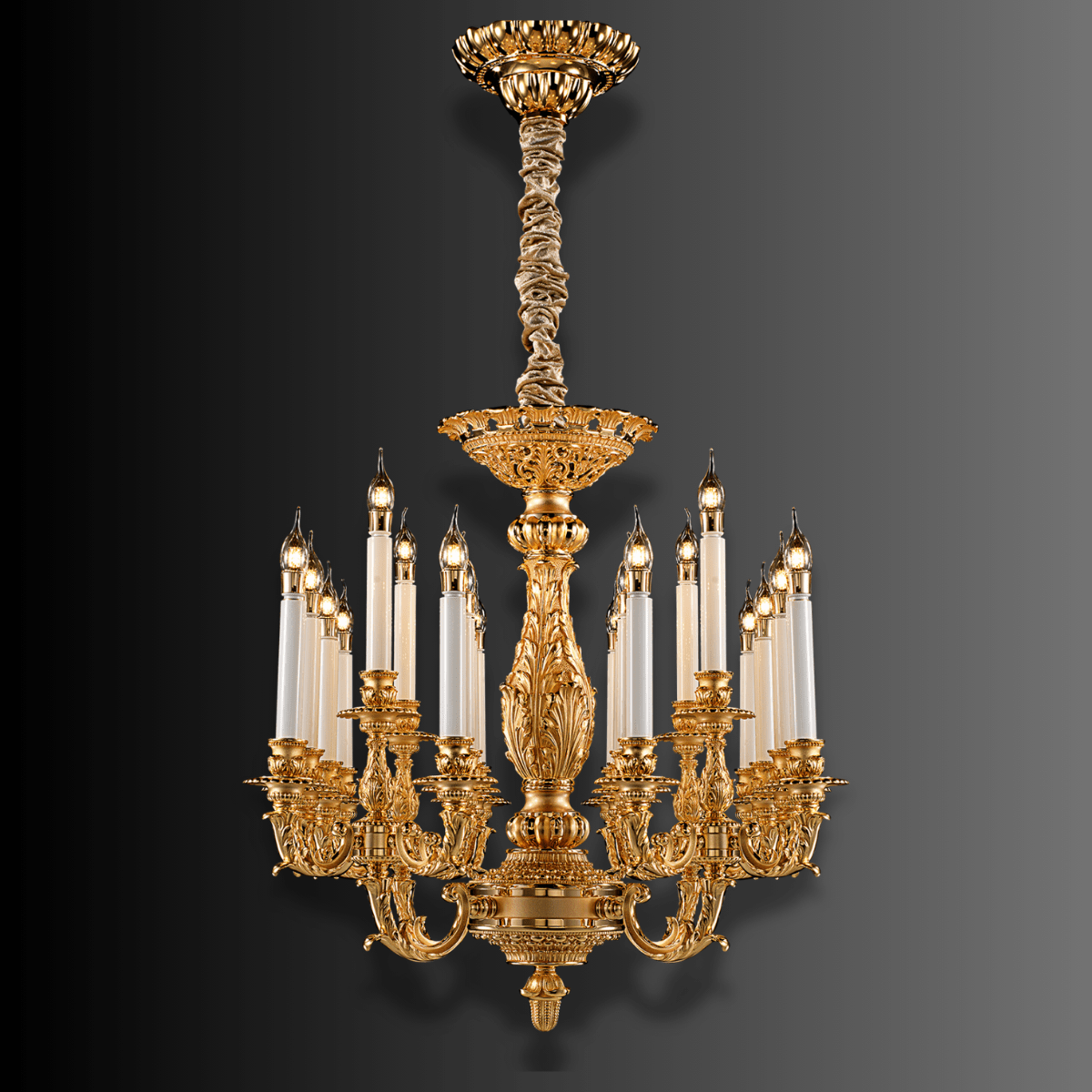 Side view of Élysée Régence 24K gold-plated French Empire chandelier with 20 candle-style LED lights