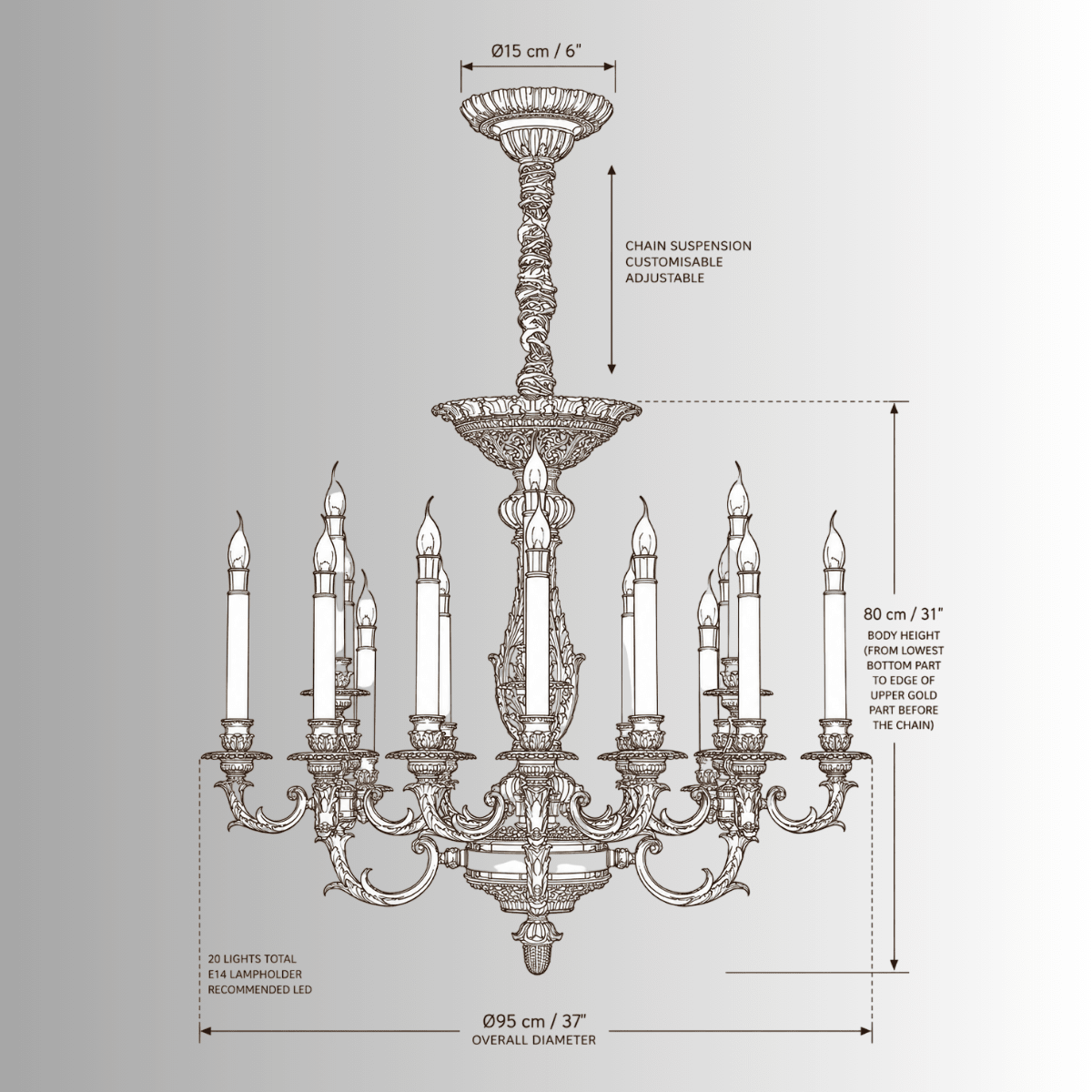 Élysée Régence chandelier CAD technical drawing with dimensions, 20-light luxury French Empire design