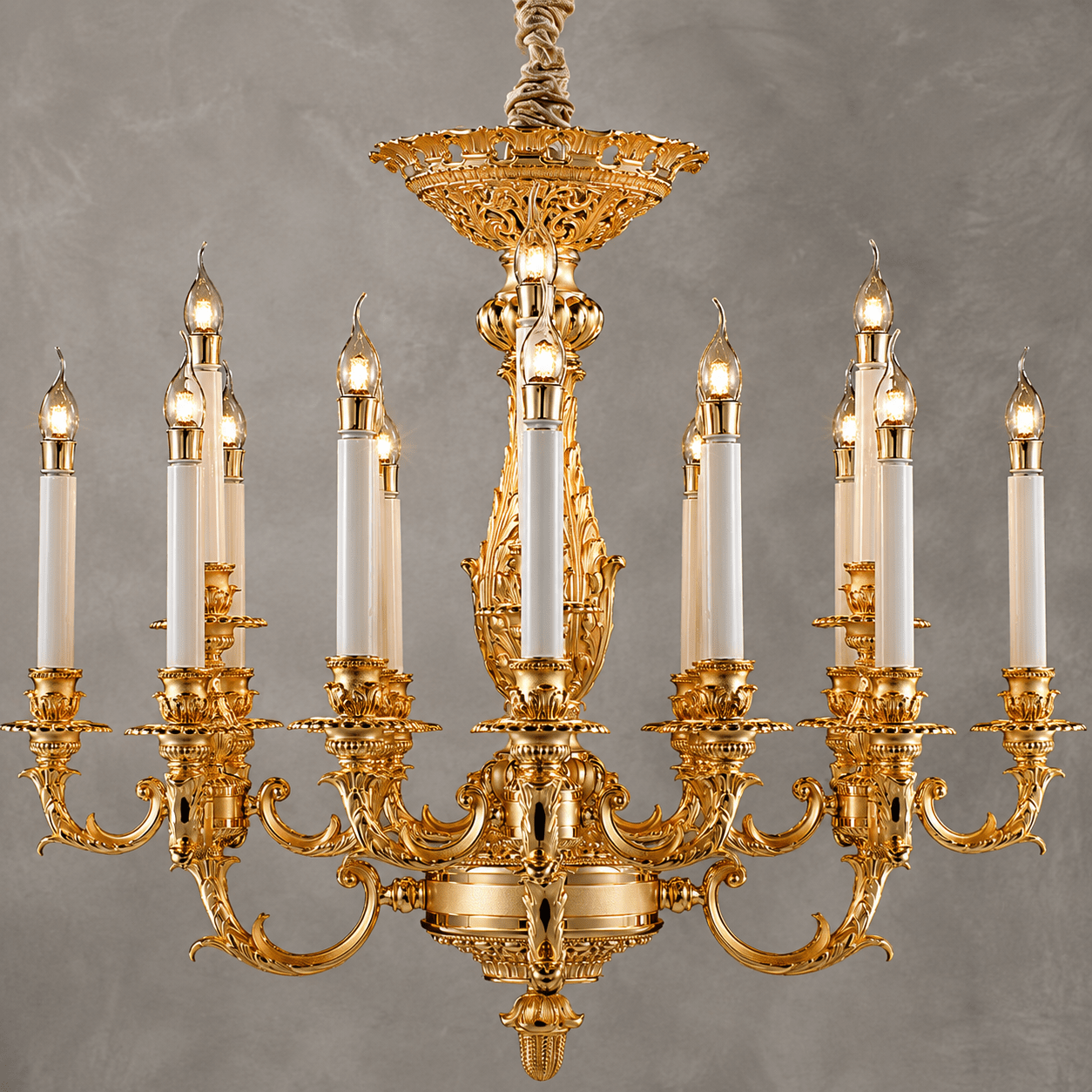 Close-up of Élysée Régence 24K gold-plated French Empire chandelier with 20 candle-style LED lights
