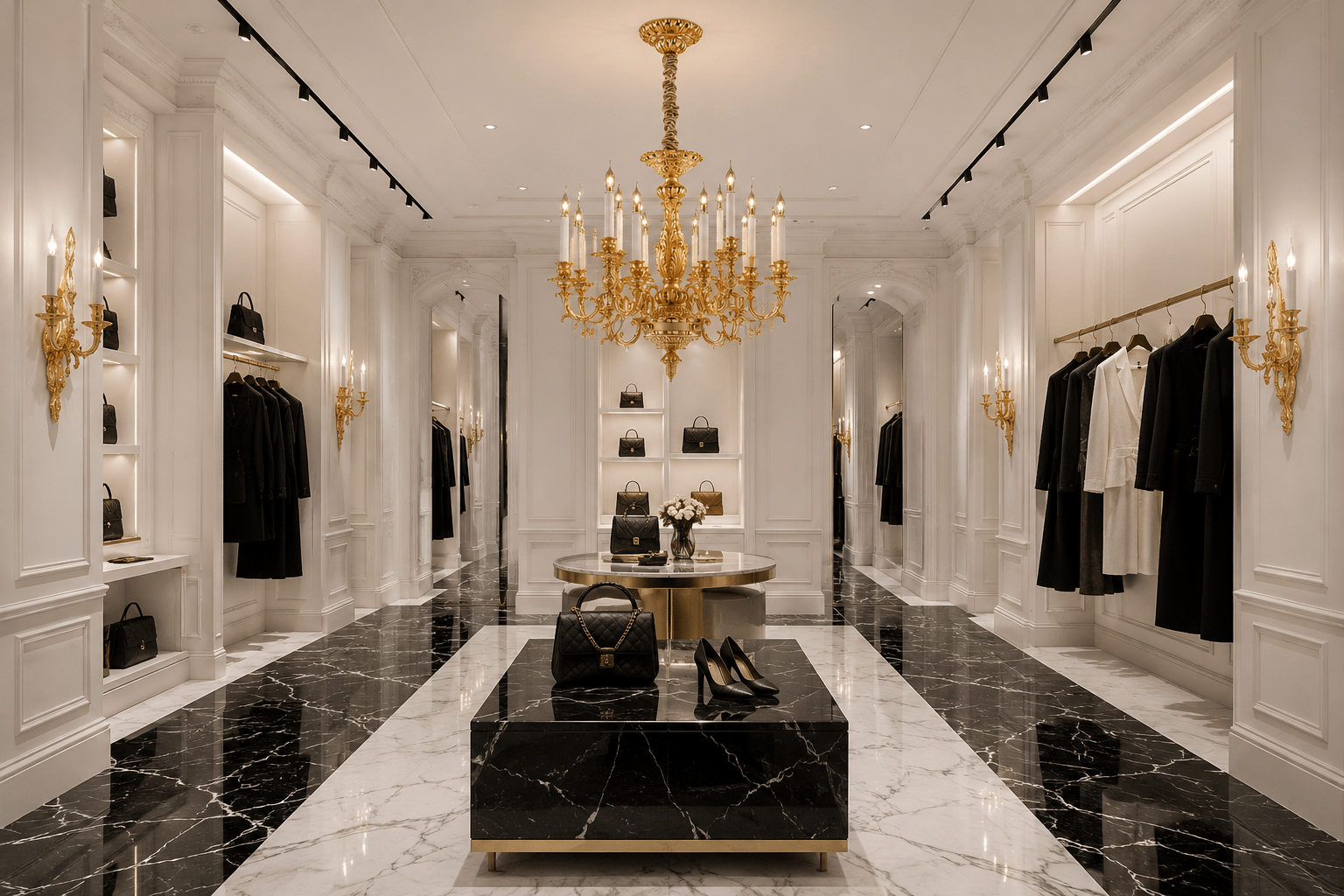 Élysée Régence luxury chandelier in a modern designer boutique with black and white marble flooring