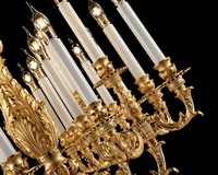 close-up of 24K gold plated chandelier arms and candle lights, detailed French Empire craftsmanship