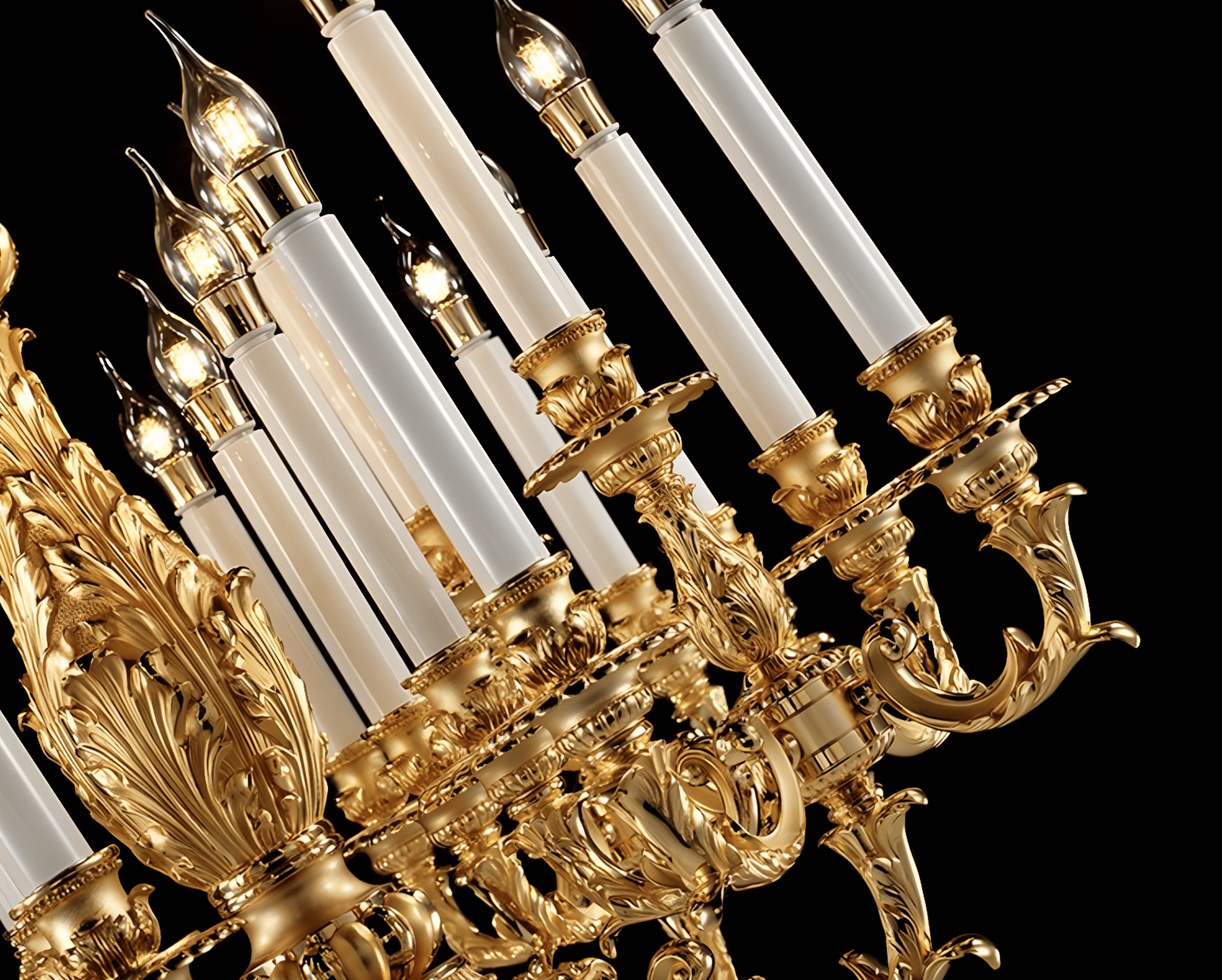 close-up of 24K gold plated chandelier arms and candle lights, detailed French Empire craftsmanship