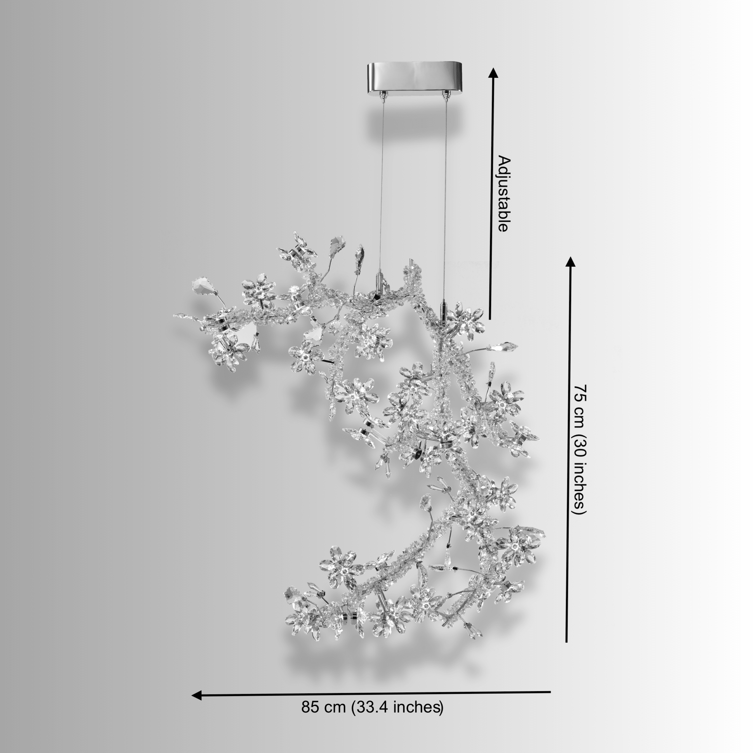 Flora Lumina crystal pendant light dimensions showing 85cm width, 75cm height and adjustable suspension