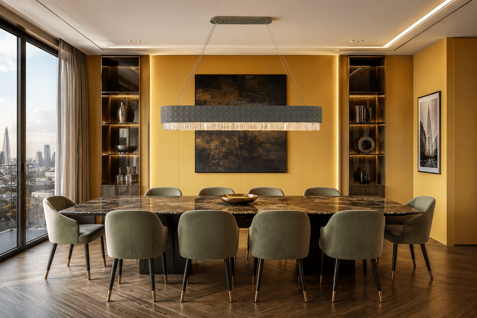 Florence Trapunto Ardesia linear chandelier above a marble dining table in a luxury London penthouse
