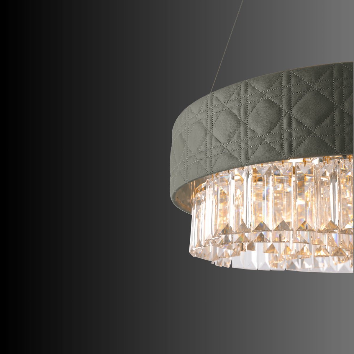 Close up of Florence Trapunto Ardensia showcasing grey quilted leather and Asfour crystals on a dark background.