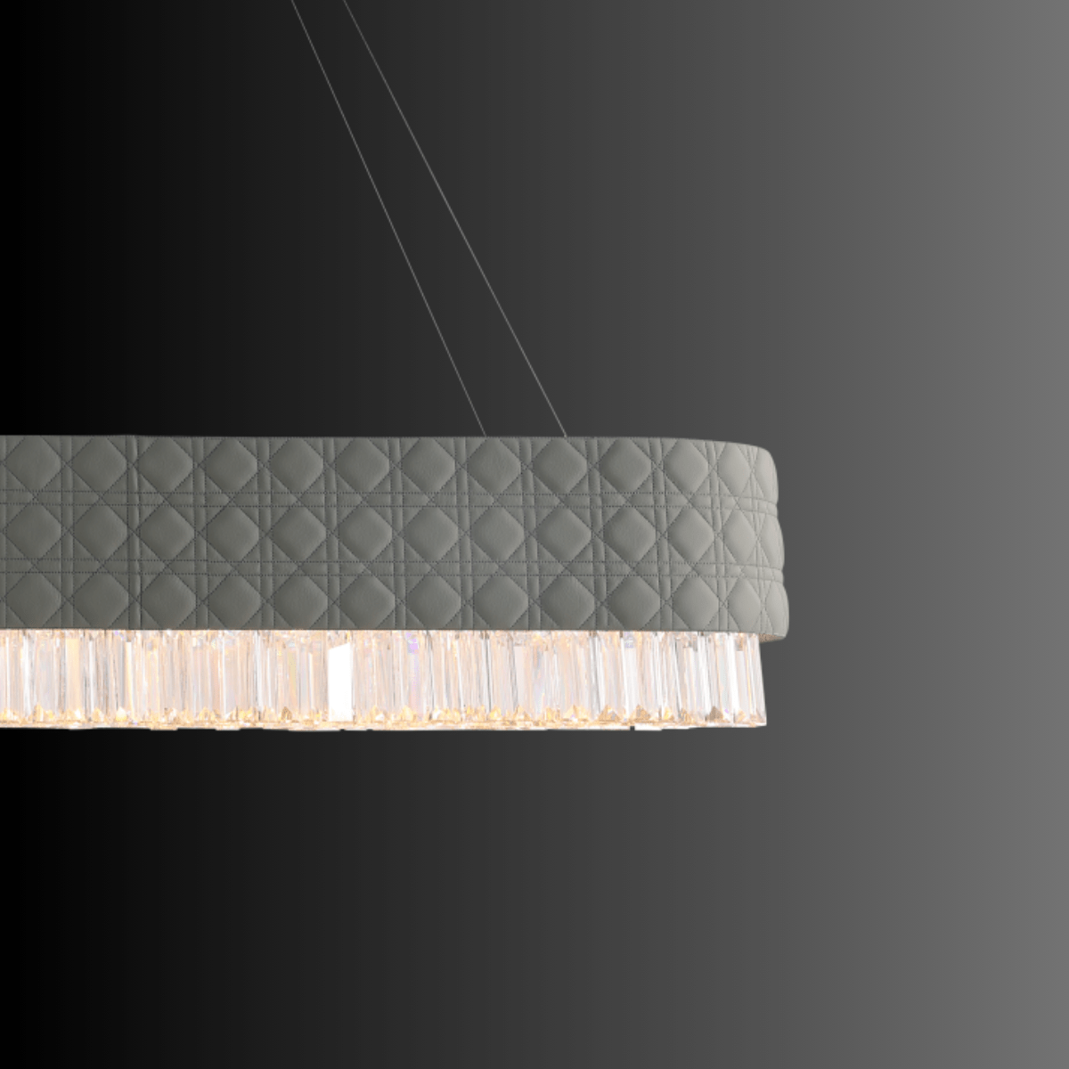 Close-up of Florence Trapunto Ardesia chandelier highlighting quilted grey leather and Asfour crystal craftsmanship.