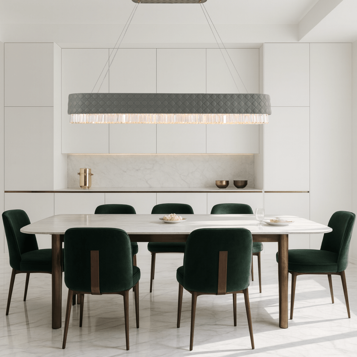 Florence Trapunto Ardesia chandelier lighting a modern dining space with Italian-inspired luxury craftsmanship.