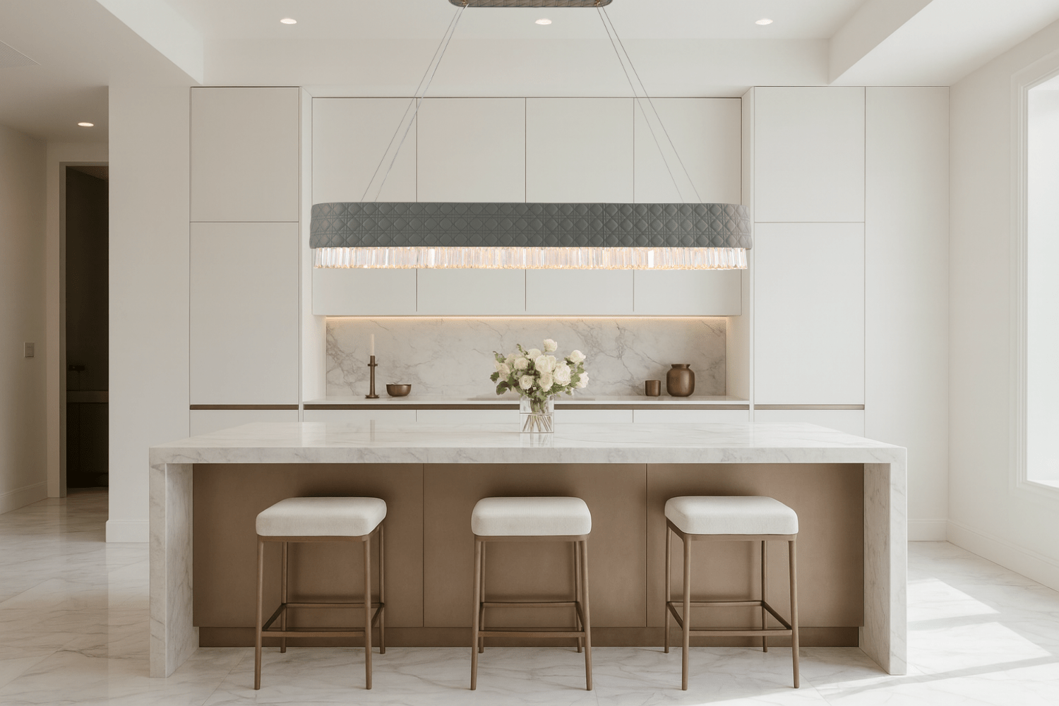 Florence Trapunto Ardesia chandelier above white marble kitchen island, blending modern elegance and symmetry.