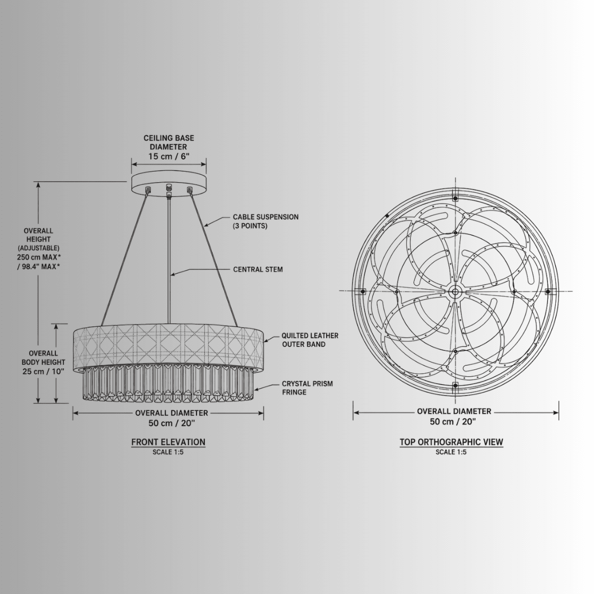 CAD drawing of Florence Trapunto Avorio 50 cm ivory leather and crystal chandelier with dimensions.