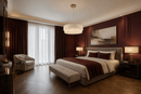 Florence Trapunto Avorio ivory leather and crystal chandelier in a luxury burgundy bedroom.