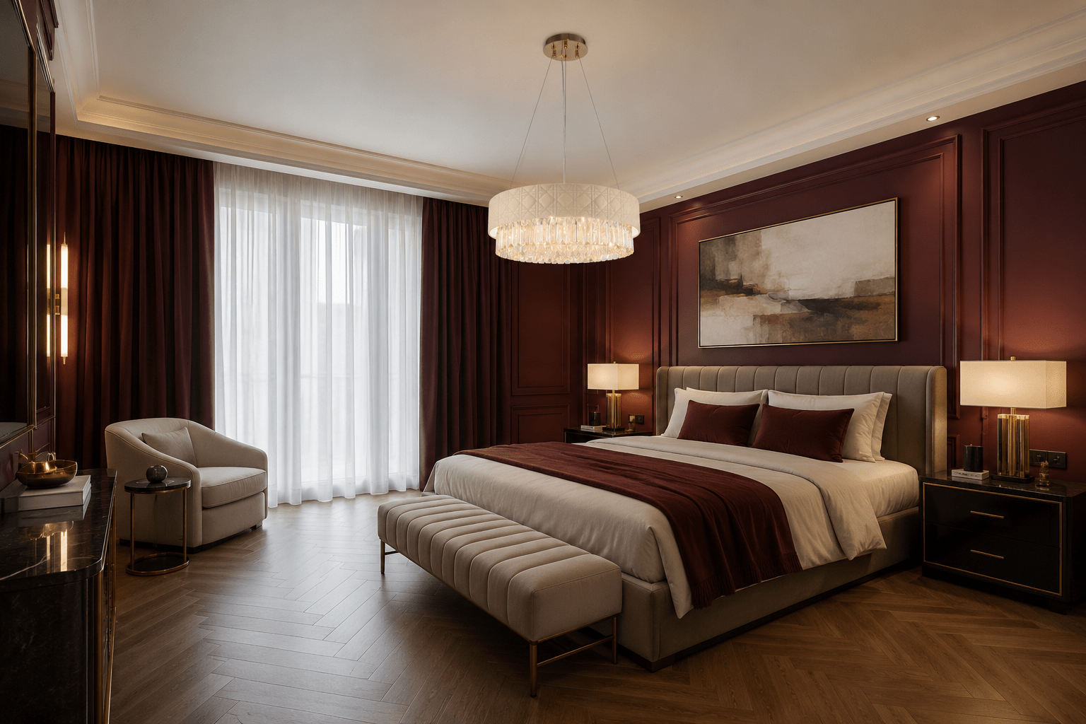 Florence Trapunto Avorio ivory leather and crystal chandelier in a luxury burgundy bedroom.