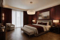 Florence Trapunto Avorio ivory leather and crystal chandelier in a luxury burgundy bedroom.