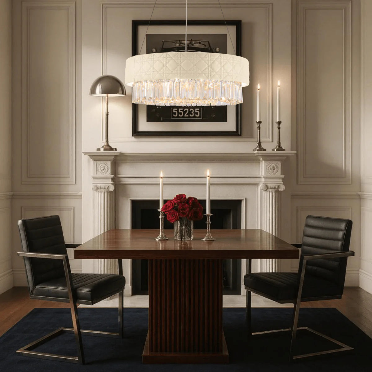 Florence Trapunto Avorio chandelier by HDLS Lighting, leather and crystal light above a modern dining room.
