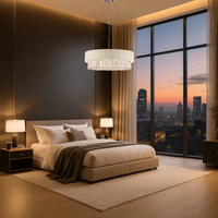 Florence Trapunto Avorio chandelier in a luxury bedroom, adding soft Italian leather warmth and crystal elegance to modern interiors.
