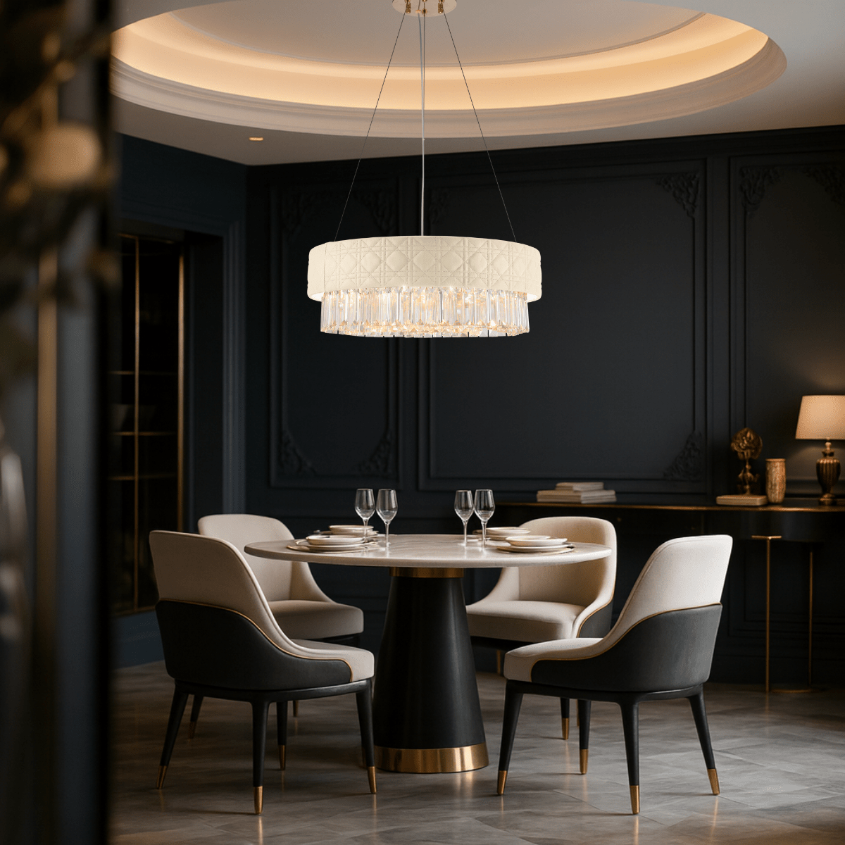 Florence Trapunto Avorio chandelier illuminating a luxury dining room with quilted leather texture and refined Asfour crystal glow.