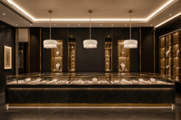 hree Florence Trapunto Lucea crystal pendant lights above a luxury jewellery counter in Dubai