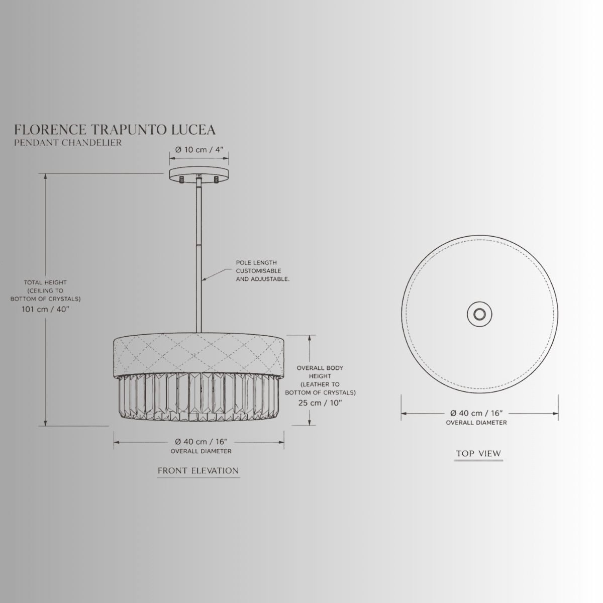 Florence Trapunto Lucea pendant chandelier CAD drawing with 40 cm diameter and adjustable drop