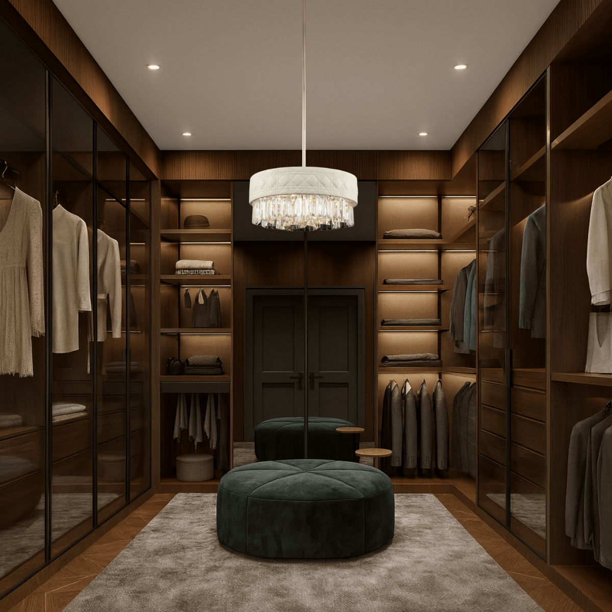 Florence Trapunto Lucea designer chandelier illuminating a luxury walk-in wardrobe with leather shade and crystal detailing.