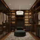 Florence Trapunto Lucea designer chandelier illuminating a luxury walk-in wardrobe with leather shade and crystal detailing.