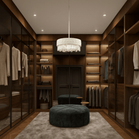 Florence Trapunto Lucea designer chandelier illuminating a luxury walk-in wardrobe with leather shade and crystal detailing.