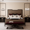 Florence Trapunto Lucea chandelier styled above bedside tables in a luxury bedroom interior with modern Italian elegance.