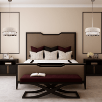 Florence Trapunto Lucea chandelier styled above bedside tables in a luxury bedroom interior with modern Italian elegance.
