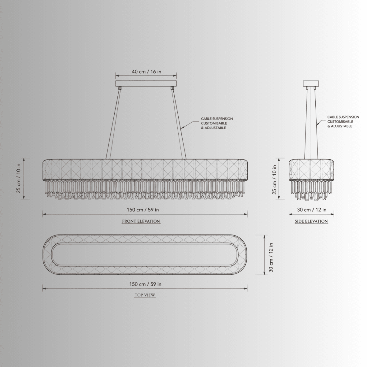 Technical CAD drawing of Florence Trapunto Neve linear chandelier with dimensions