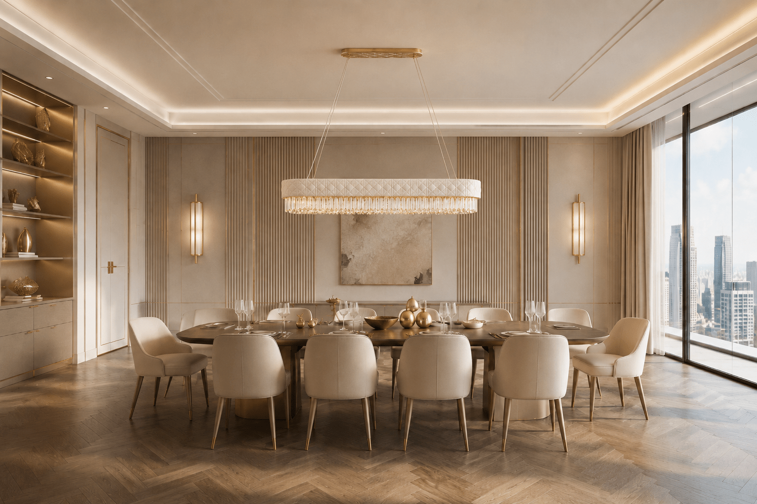 Florence Trapunto Neve linear chandelier above a luxury penthouse dining table